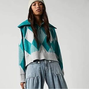 Free People Lucy Half Zip Pullover Sweater Maui Gray